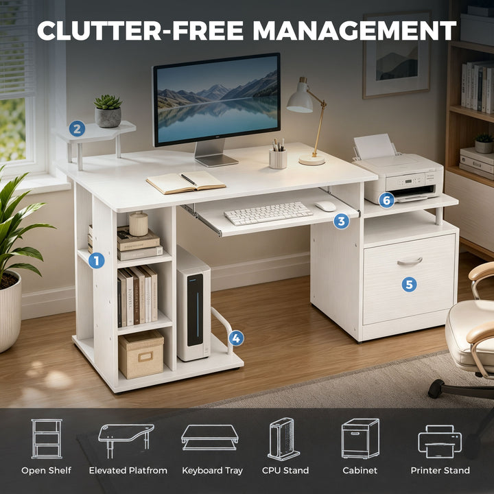 Computer Desk with Drawer Shelves CPU Storage Rack White