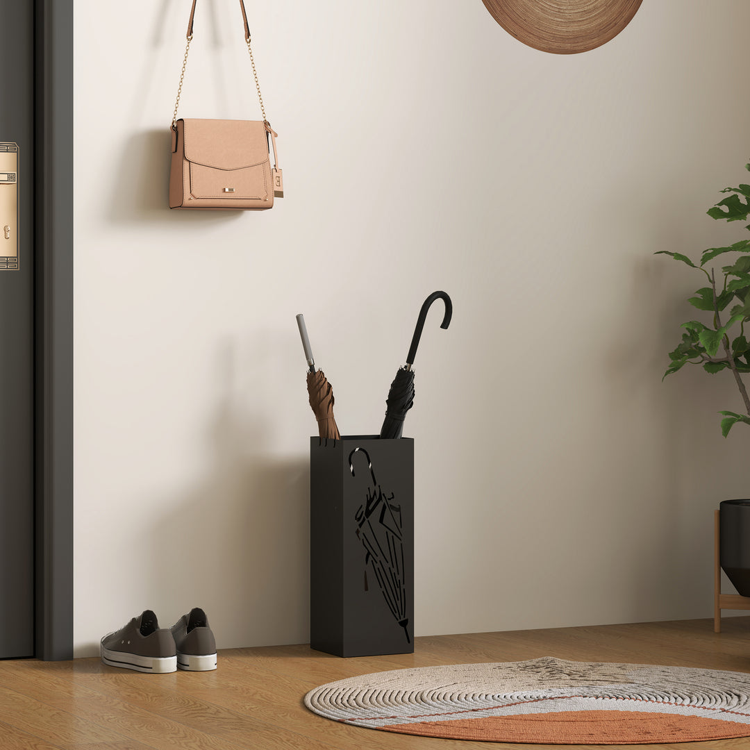 Metal Umbrella Stand, Square Umbrella Holder with 4 Hooks and Removable Drip Tray, Decorative Umbrella Storage Rack for Entryway, Hallway, 15.5 x 15.5 x 41 cm, Black