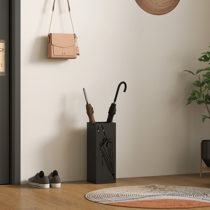 Metal Umbrella Stand, Square Umbrella Holder with 4 Hooks and Removable Drip Tray, Decorative Umbrella Storage Rack for Entryway, Hallway, 15.5 x 15.5 x 41 cm, Black