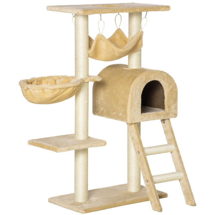 PawHut Cat Tree with Scratching Post, Hammock, Condo, Basket, Ladder Activity Centre for Kittens, 98 cm, Beige | Aosom UK