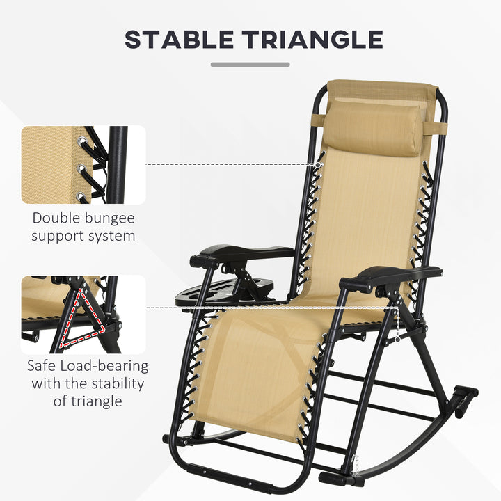 Garden Rocking Chair Folding Recliner Outdoor Adjustable Sun Lounger Rocker Zero-Gravity Seat with Headrest Side Holder Patio Deck - Beige