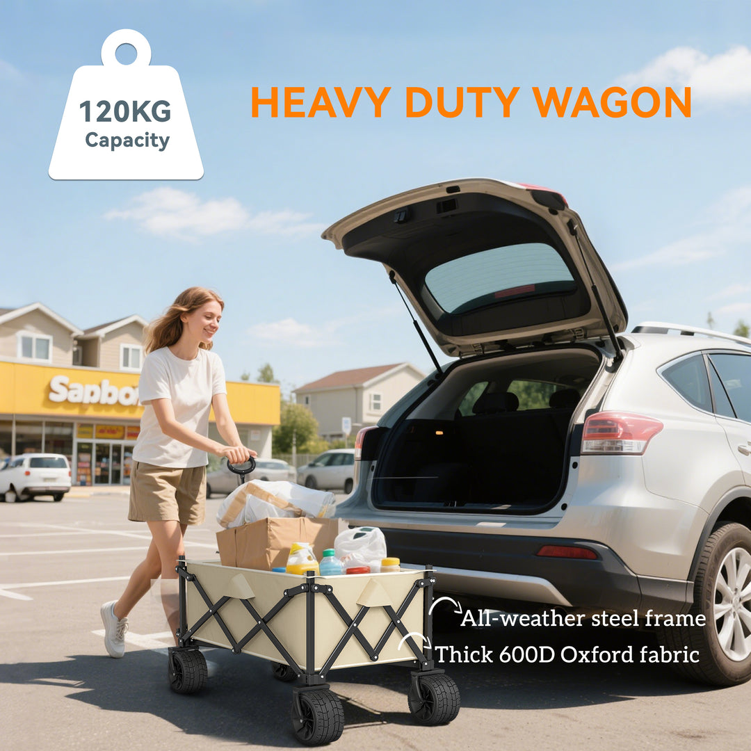 Folding Garden Trolley, Outdoor Wagon Cart with Carry Bag, for Beach, Camping, Festival, 120KG Capacity, Khaki