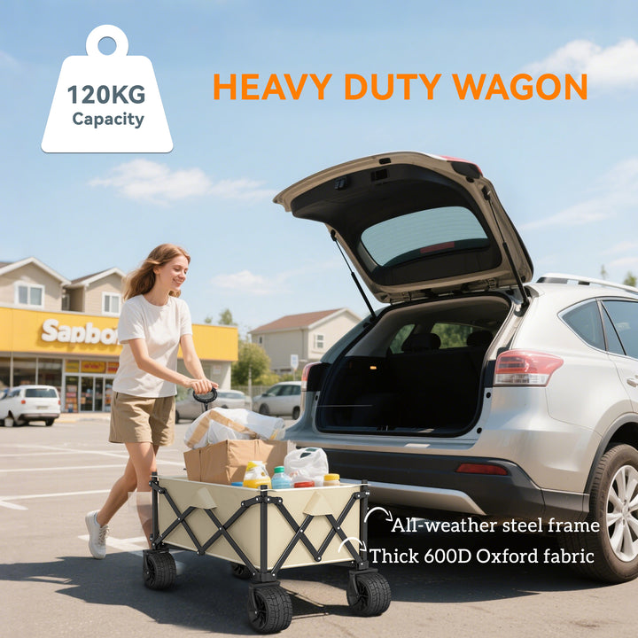 Folding Garden Trolley, Outdoor Wagon Cart with Carry Bag, for Beach, Camping, Festival, 120KG Capacity, Khaki