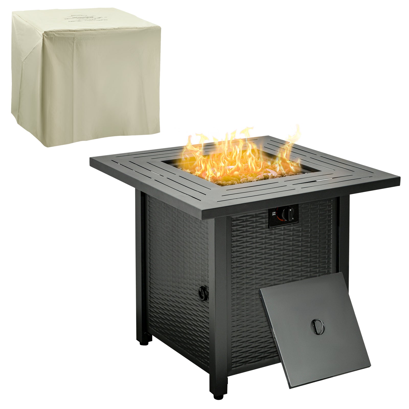 Square Propane Gas Fire Pit Table, 40000 BTU Rattan Smokeless Firepit Patio Heater with Protective Cover, Lava Rocks and Lid, 71cm x 71cm x 62cm, Black