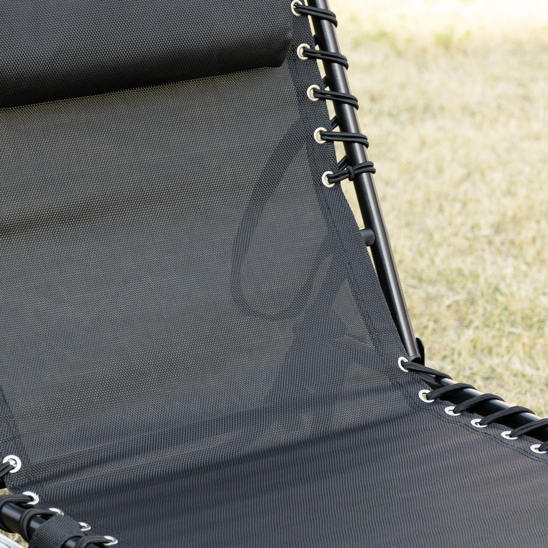 Portable Sun Lounger, Folding Camping Bed Cot, Reclining Lounge Chair 5-position Adjustable Backrest with Side Pocket, Pillow for Patio Garden Beach Pool, Black
