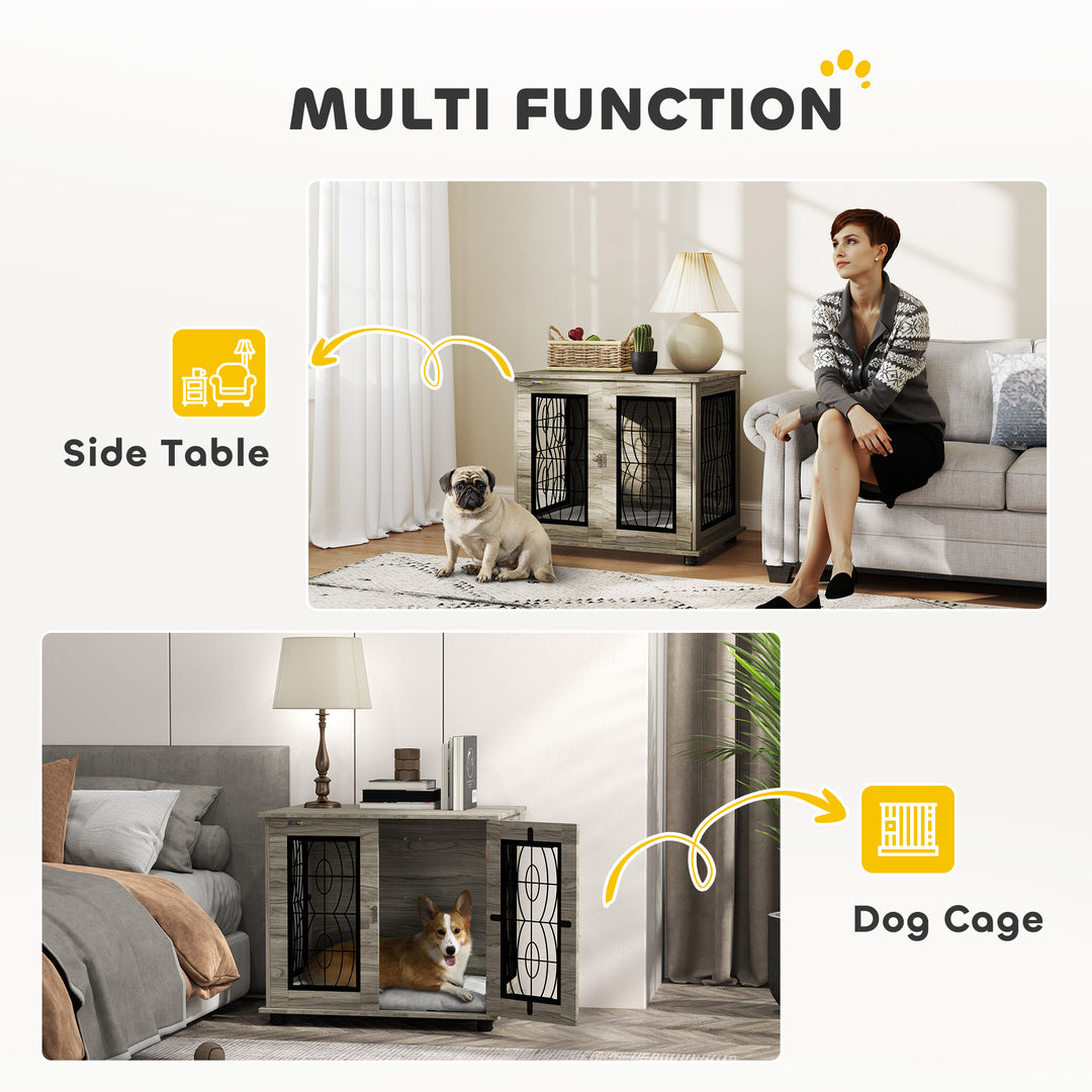 Indoor Dog Crate Furniture End Table with Soft Washable Cushion, Lockable Front Door, for Medium Dogs - Black