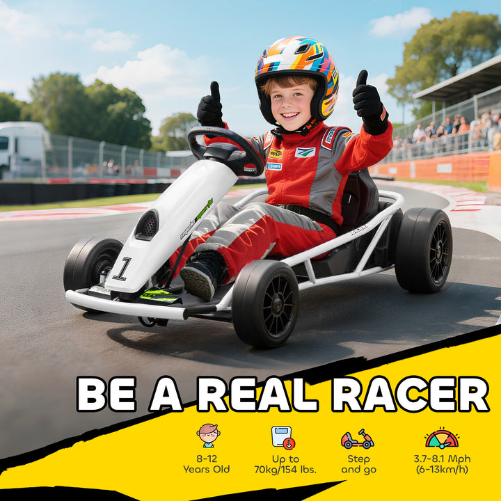 24V Electric Go Kart for Kids, Drift Ride-On Racing Go Kart with 2 Speeds, for Boys Girls Aged 8-12 Years Old, White