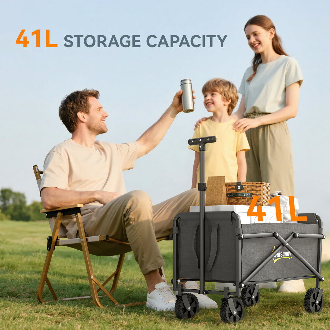 41L Festival Trolley on Wheels, Small Garden Folding Trolley Cart, 60kg Heavy Duty Collapsible Folding Wagon with Adjustable Handle and Carrying Bag for Beach, Camping, Festival, Grey