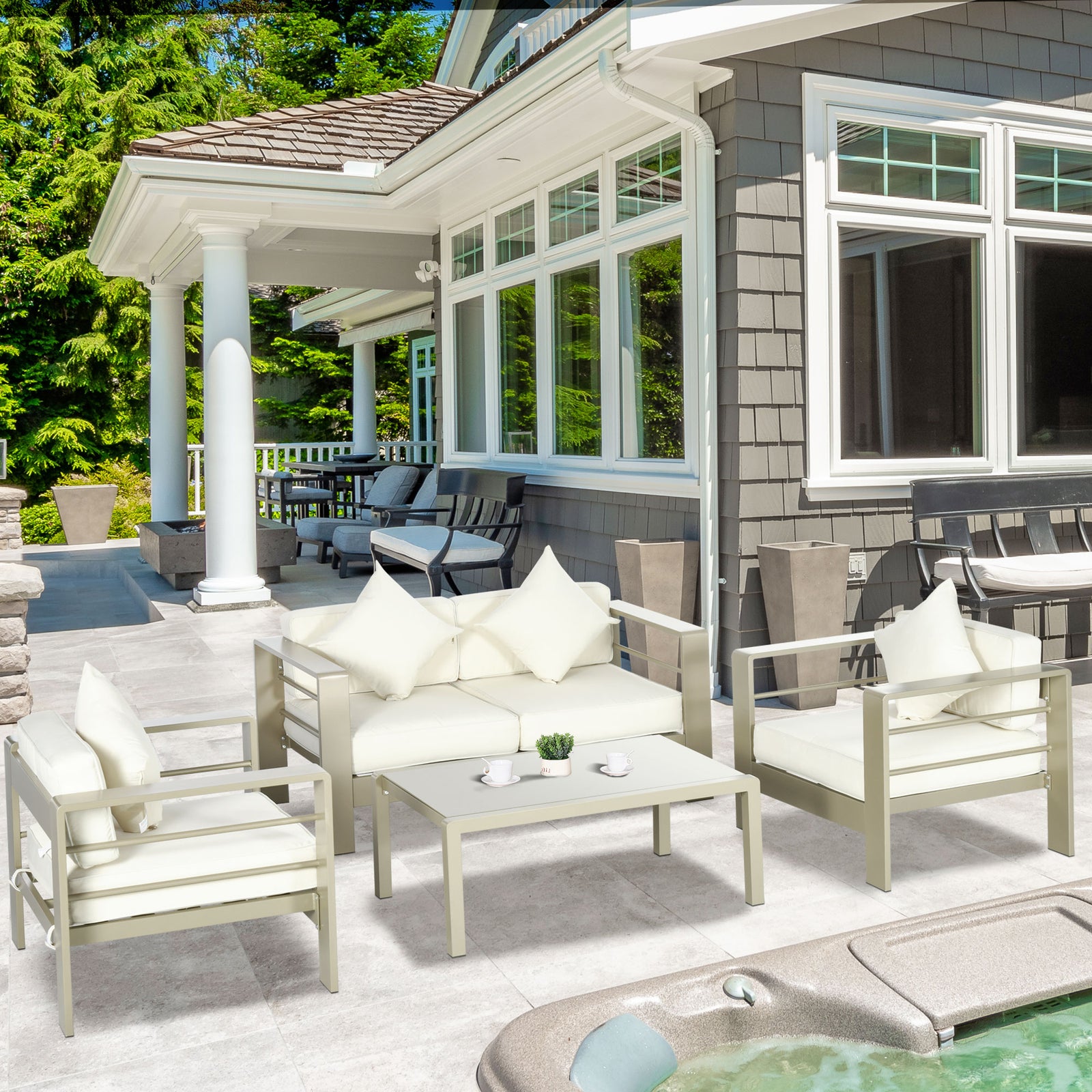 4 Pieces Outdoor Garden Furniture Set, Aluminium Frame Backyard Furniture w/ Thick Padded Cushioned Loveseat, 2 Chairs, and Glass Top Table, Champagne Gold