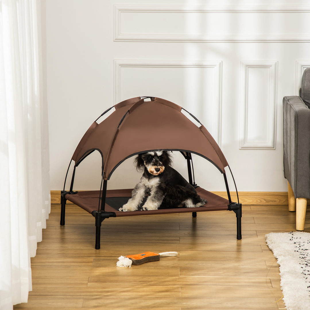 PawHut Elevated Canine Haven: Breathable Mesh Bed with UV-Shielding Canopy for Medium Pups, Coffee Hue | Aosom UK