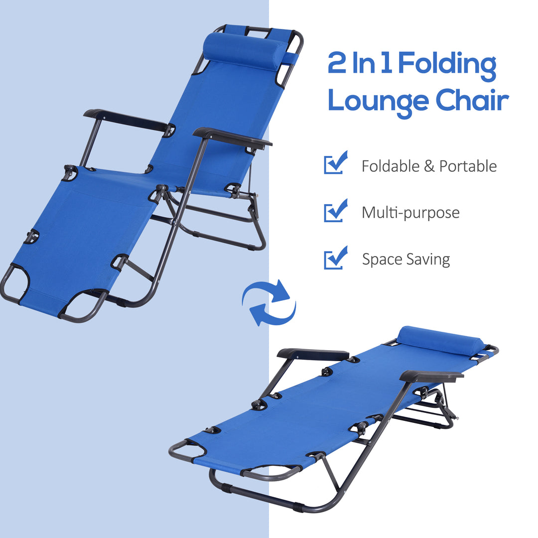 2 in 1 Folding Sun Lounger Reclining Garden Chair Set of 2 with 2-Level Adjustable Backrest, Outdoor Zero Gravity Recliner Garden Chairs with Head Pillow and Armrests, Blue
