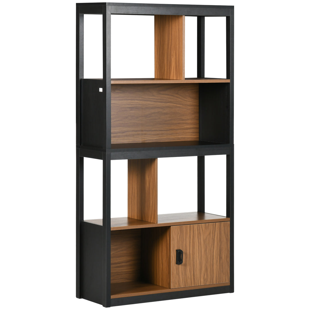 MCL Modern 4-Tier Bookshelf, Freestanding Bookcase with Storage Shelving and Closed Cabinet, for Living Room Home Office Study, Walnut Brown