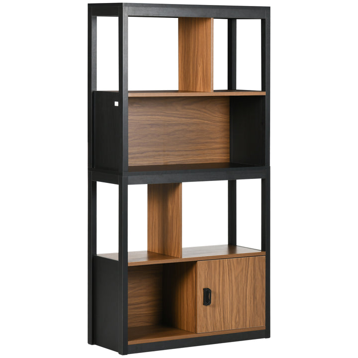 MCL Modern 4-Tier Bookshelf, Freestanding Bookcase with Storage Shelving and Closed Cabinet, for Living Room Home Office Study, Walnut Brown
