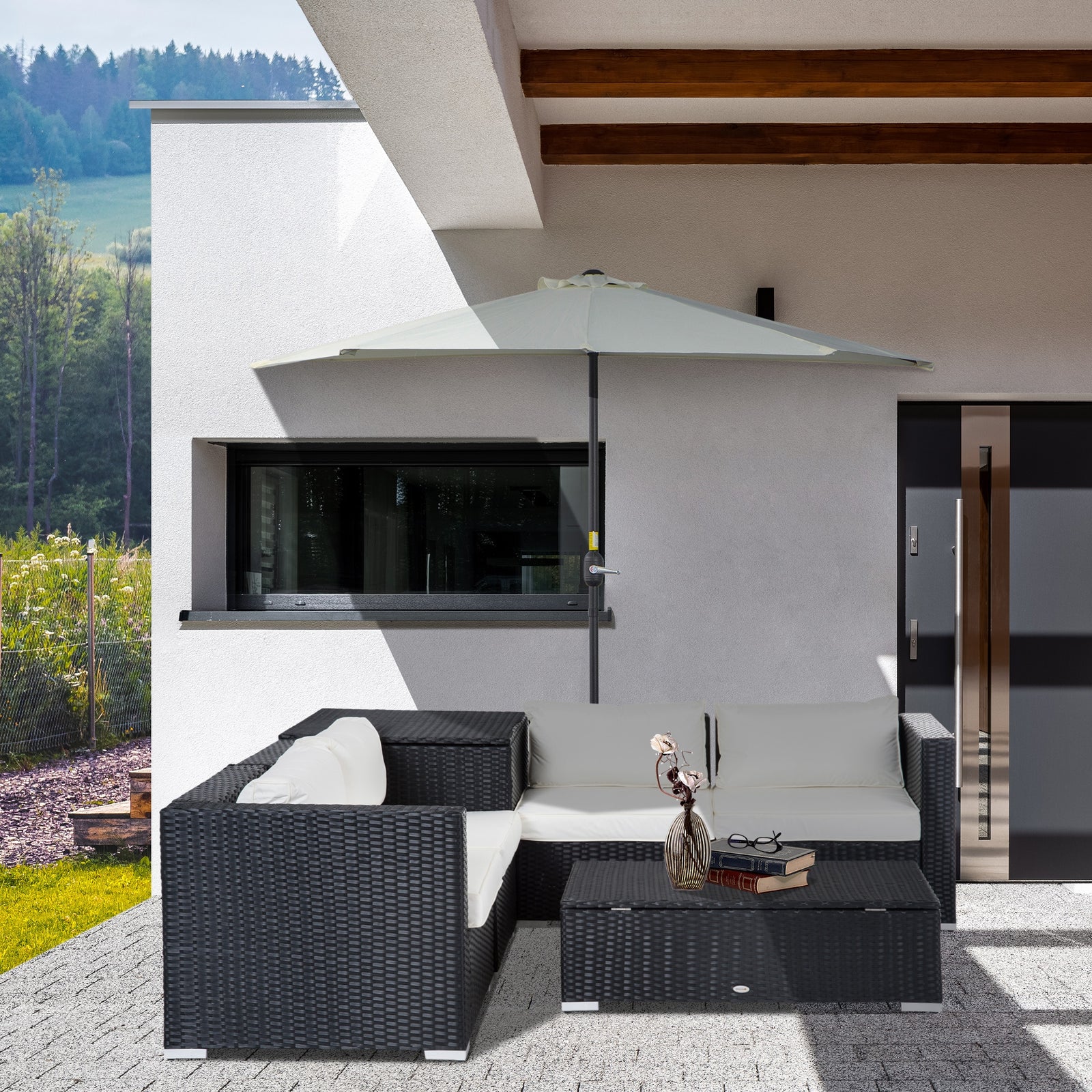 6 Pieces Rattan Garden Furniture Set, 4 Seater Wicker Garden Corner Sofa Set with 2 Storage Tables and Loveseats, Outdoor Conversation Furniture with Cushions for Conservatory, Patio, Black