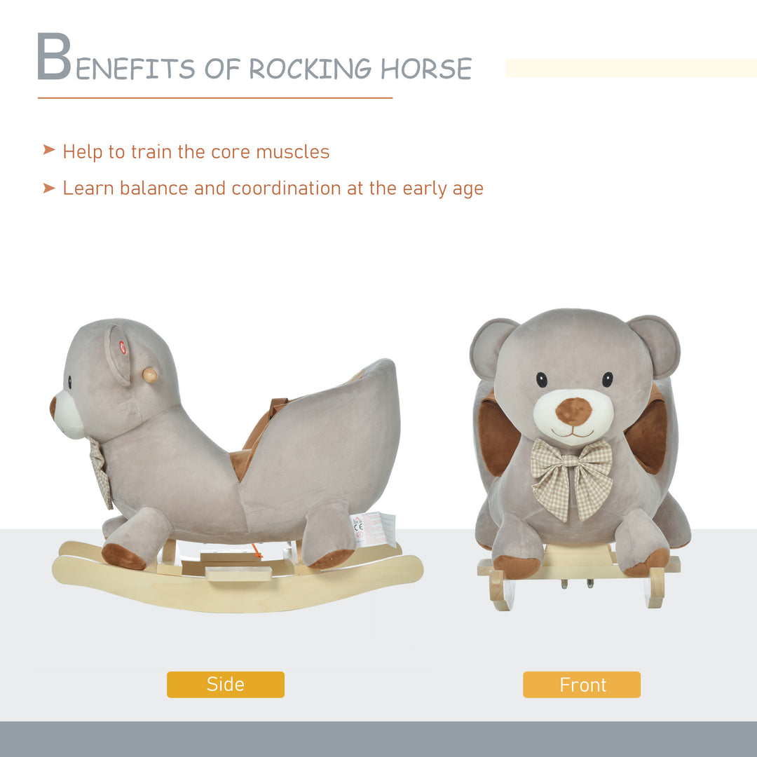Kids Children Rocking Horse Plush Ride On Bear Seat w/ Sound Wood Base Seat Safety Belt Toddler Baby Toy for 18-36 Months Grey