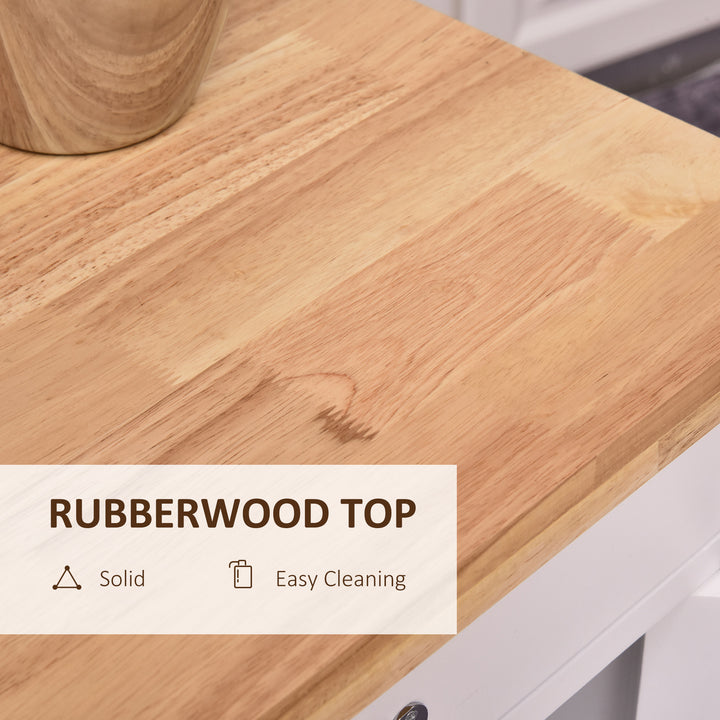 Kitchen Storage Trolley Cart Rolling Wheels Shelves Cupboard W/ Drawer And Towel Rail Rubber Wood Worktop White