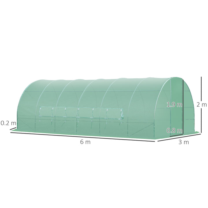 MCL Large Polytunnel Walk In Greenhouse, Plant Gardening Tunnel Green House with Metal Hinged Door, Galvanised Steel Frame & Mesh Windows, Green (3 x 6 m)