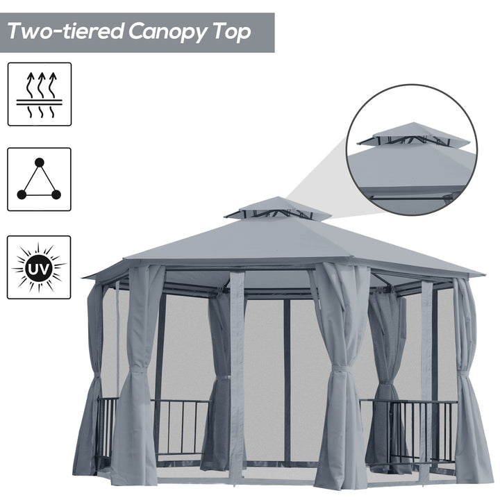 MCL 3 x 3(m) Hexagon Gazebo Patio Canopy Party Tent Outdoor Garden Shelter w/ 2 Tier Roof & Side Panel - Grey