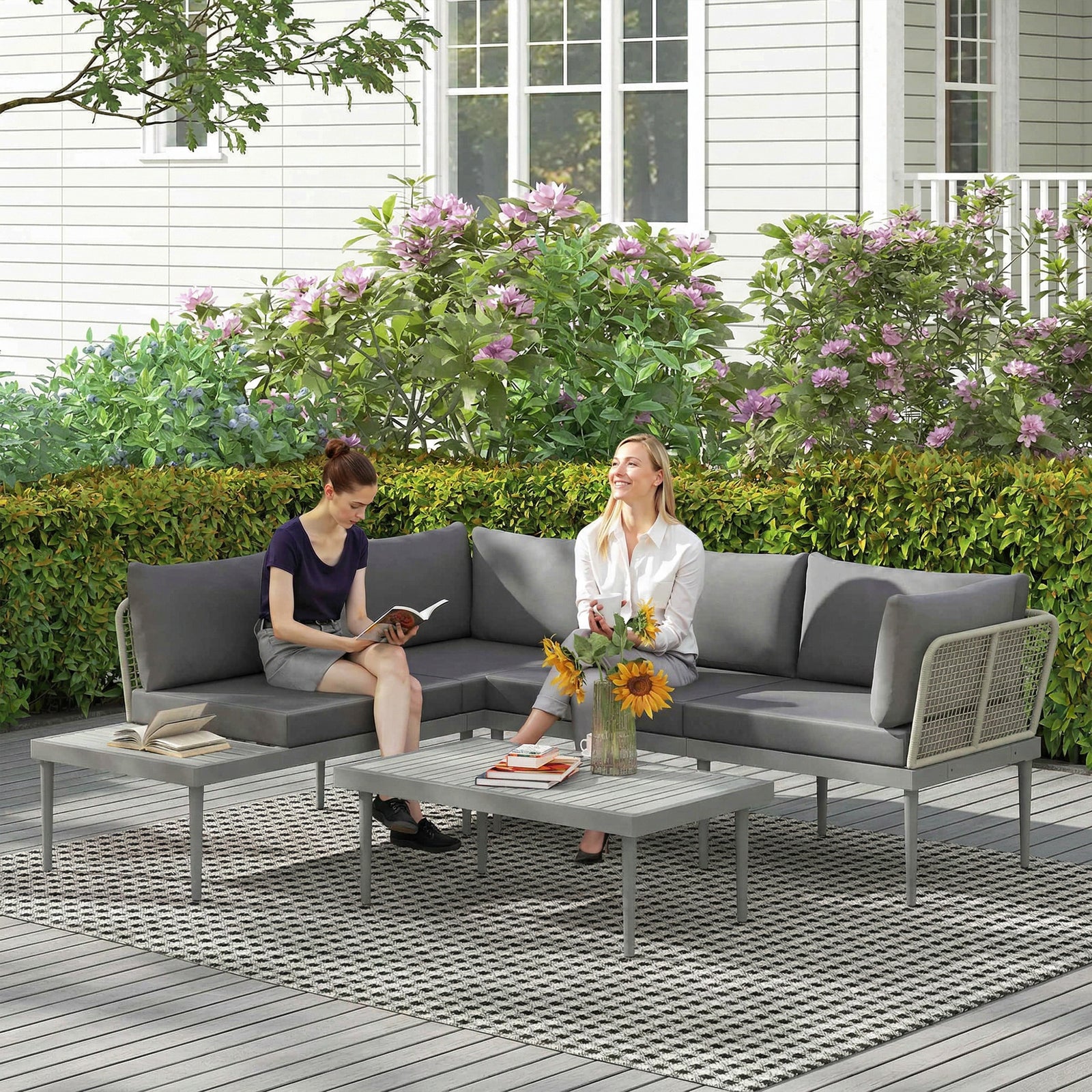 Thee-Piece 'L' Rattan Sofa Set - Grey