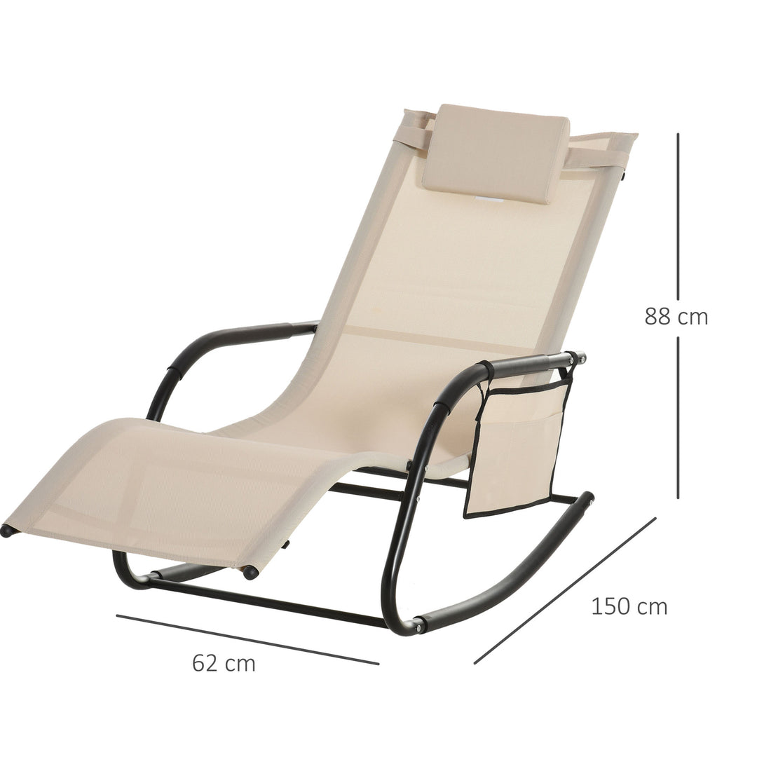 2PCs Outdoor Garden Rocking Chair, Patio Sun Lounger Rocker Chair with Breathable Mesh Fabric, Removable Headrest Pillow, Armrest, Side Storage Bag, Cream White