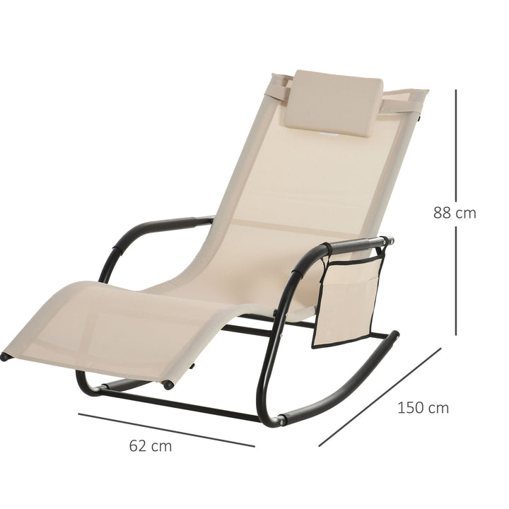 2PCs Outdoor Garden Rocking Chair, Patio Sun Lounger Rocker Chair with Breathable Mesh Fabric, Removable Headrest Pillow, Armrest, Side Storage Bag, Cream White