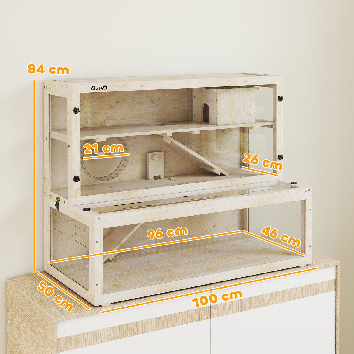 Wooden Hamster Cage with Hut, Wheel, Ramps, Removable Viewing Panels, 