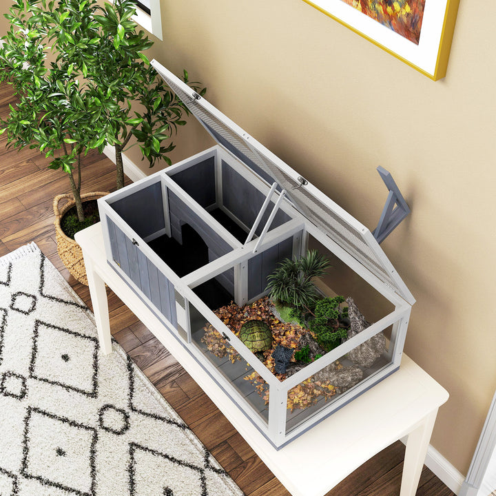 Wooden Tortoise House with Lamp Holder, Clear Windows, Openable Tops, Built-In Tray, Light Grey