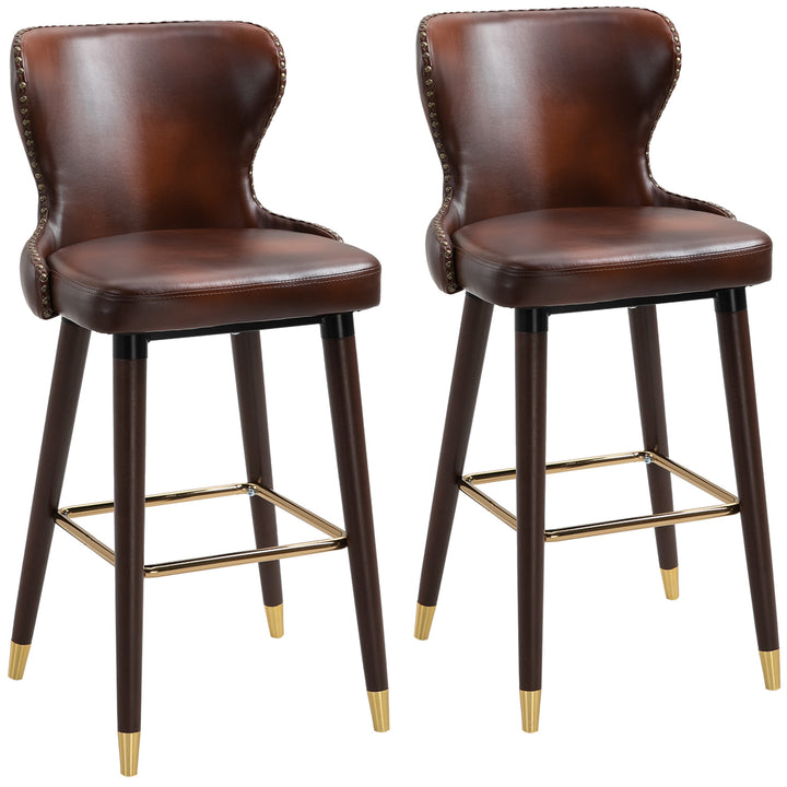 HOMCOM Bar Chair Set of 2, PU Leather Vintage Counter-Height Bar Stool, Luxury European Style Kitchen Stools with Back, Brown | Aosom UK