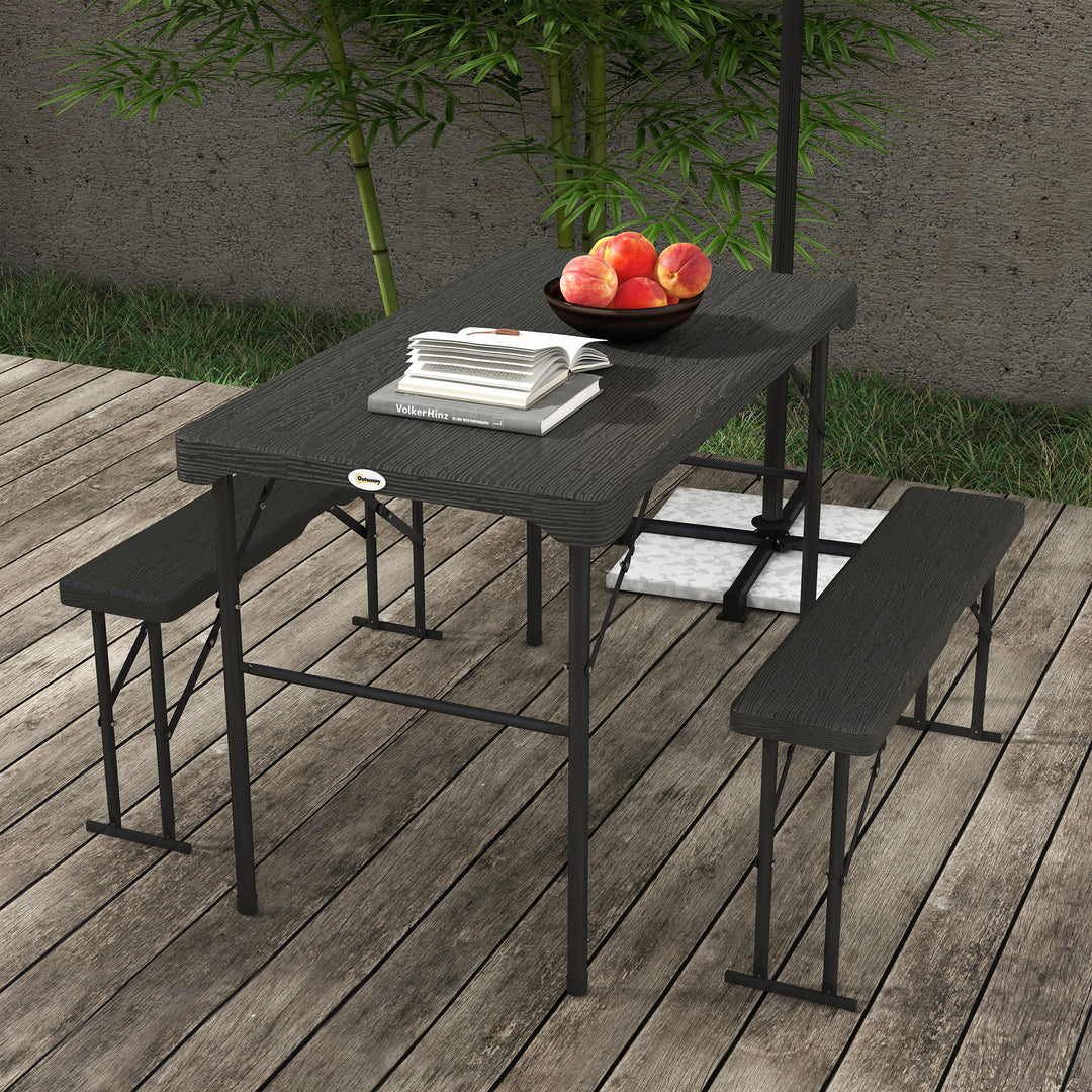 Folding Picnic Table with 2 Benches, 3-Piece Portable Garden Furniture Set for 4, Dining Table Set with Plastic Top, Steel Frame, Dark Grey