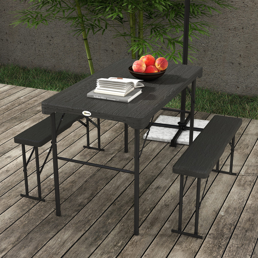 Folding Picnic Table with 2 Benches, 3-Piece Portable Garden Furniture Set for 4, Dining Table Set with Plastic Top, Steel Frame, Dark Grey