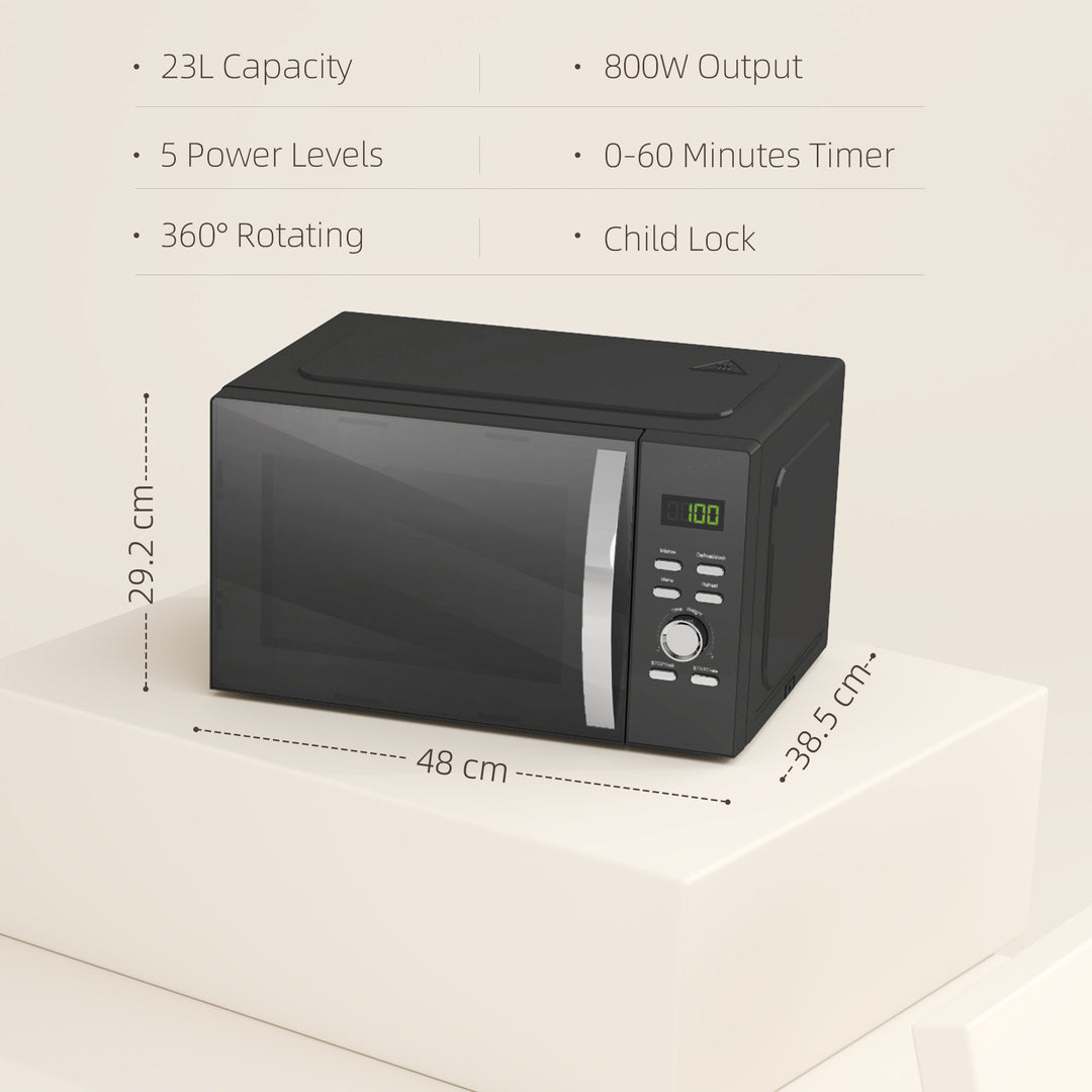 23L 800W Microwave Oven, Digital Solo Microwave with 5 Power Levels, Automatic Defrost, 8 Auto Cook Menus, 60 Minutes Timer, Clock, Easy Clean, Small Black Microwave