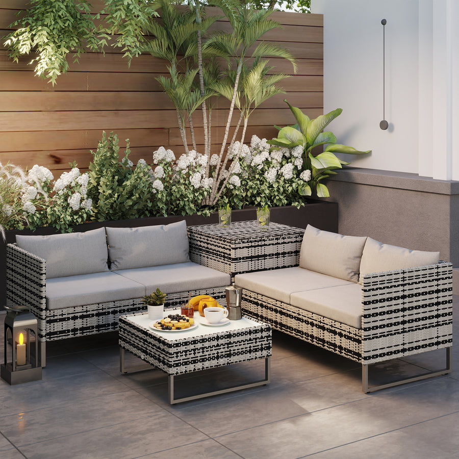 4pc Garden Rattan Wicker Outdoor Furniture Patio Corner Sofa Love Seat and Table Set with Cushions Side Desk Storage, Mixed Grey