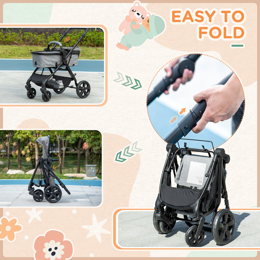 HOMCOM Pushchair 2 in 1, Lightweight Reversible Seat Stroller, Foldable & Fully Reclining for Newborn to 3 Years with 5-Point Harness, Grey