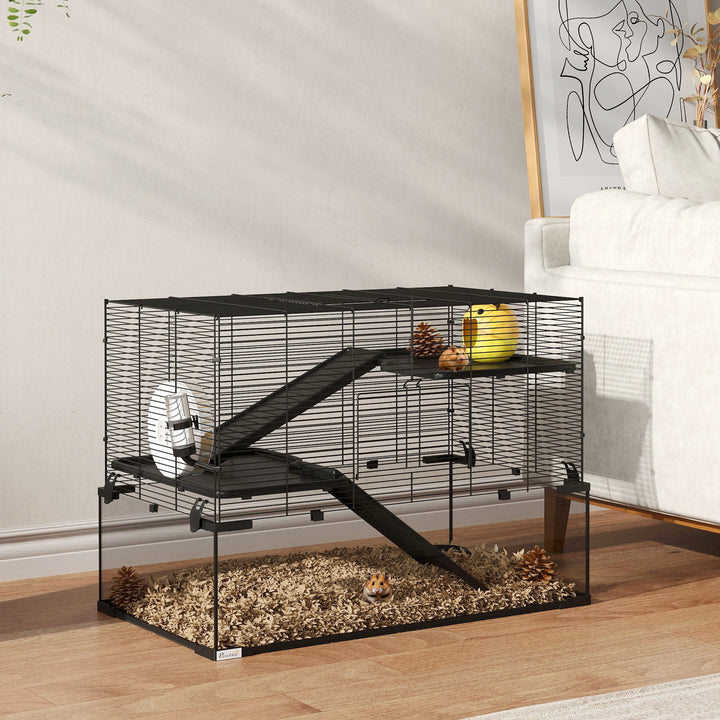 3 Tiers Hamster Cage, Gerbil Cage with Deep Glass Bottom, Non-Slip Ramps, Platforms, Hut, Exercise Wheels, Water Bottle, Dish, for Syrian Hamster, Dwarf Hamster, 78.5 x 48.5 x 54.5cm