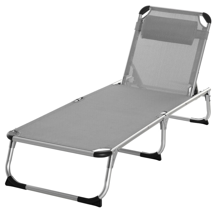 Outsunny Reclining Sun Lounger, Foldable Lounge Chair, Camping Bed Cot, 4-Level Back, Aluminium Frame, Pillow, Grey | Aosom UK