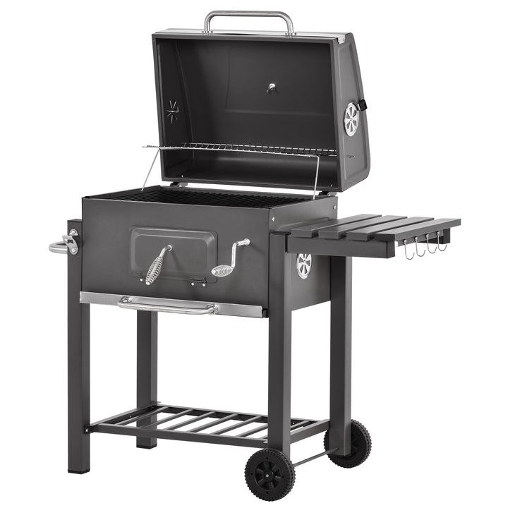 MCL Charcoal Grill BBQ Trolley with Adjustable Charcoal Grate, Garden Metal Smoker Barbecue with Shelf, Side Table, Wheels, Built-in Thermometer, Bottle Opener
