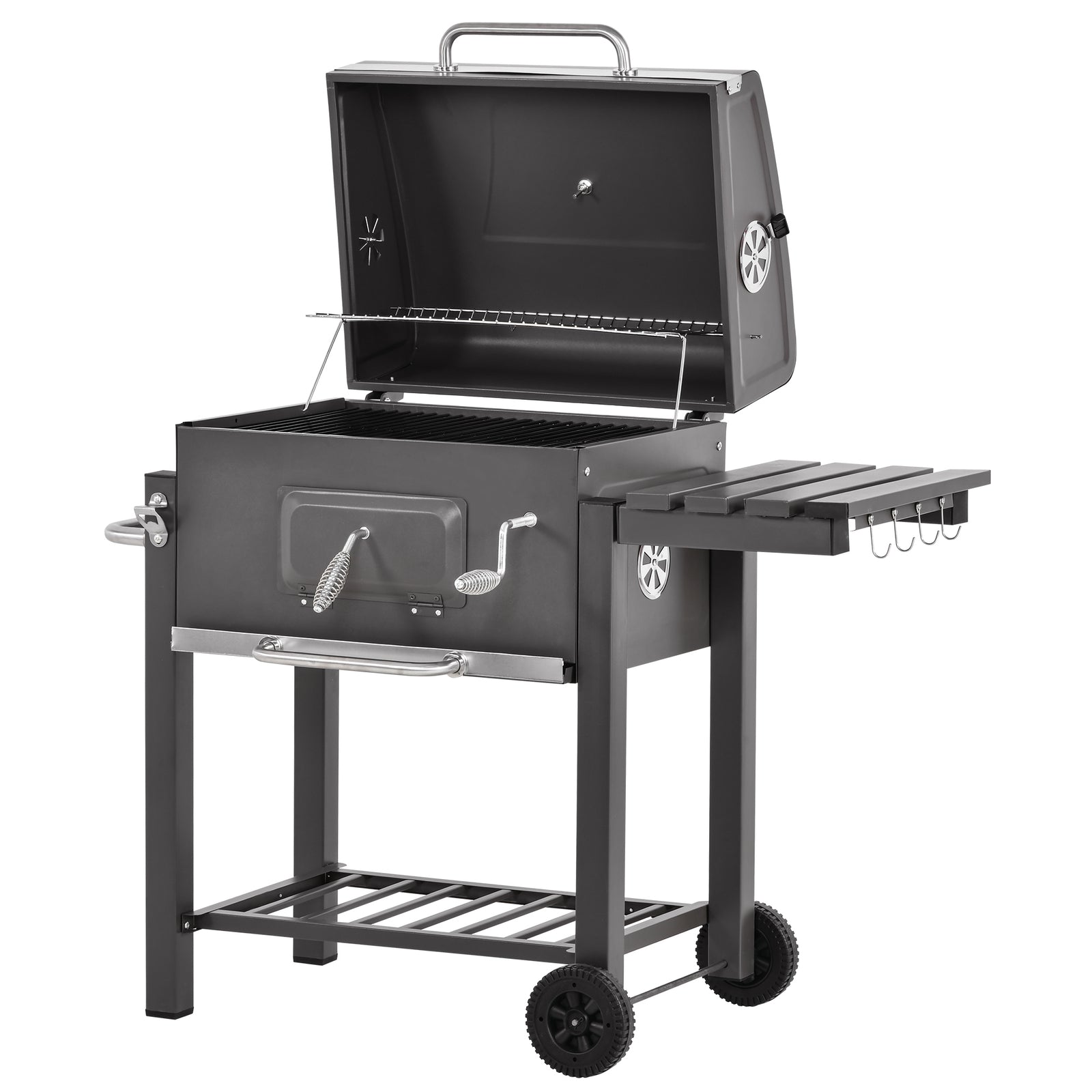 Charcoal Grill BBQ Trolley with Adjustable Charcoal Grate, Garden Metal Smoker Barbecue with Shelf, Side Table, Wheels, Built-in Thermometer, Bottle Opener