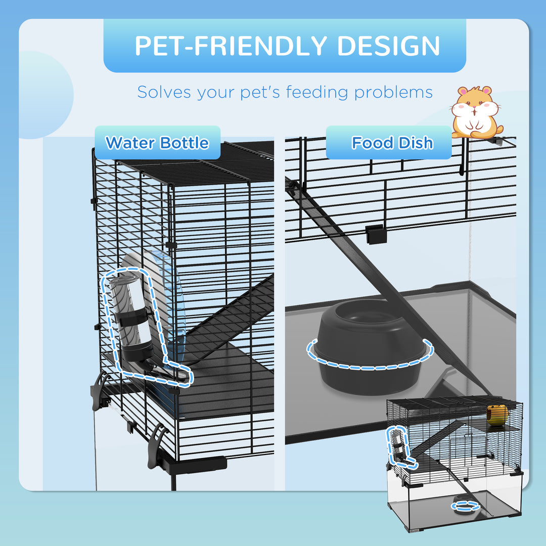 3 Tiers Hamster Cage, Gerbil Cage with Deep Glass Bottom, Non-Slip Ramps, Platforms, Hut, Exercise Wheels, Water Bottle, Dish, for Syrian Hamster, Dwarf Hamster, 60 x 40 x 54.5cm