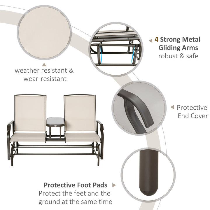 2 Seats Garden Glider Bench, Metal Frame Loveseat with Glass Top Centre Table, Porch Rocking Glider for 2 Person, for Deck, Patio, Brown/ Khaki