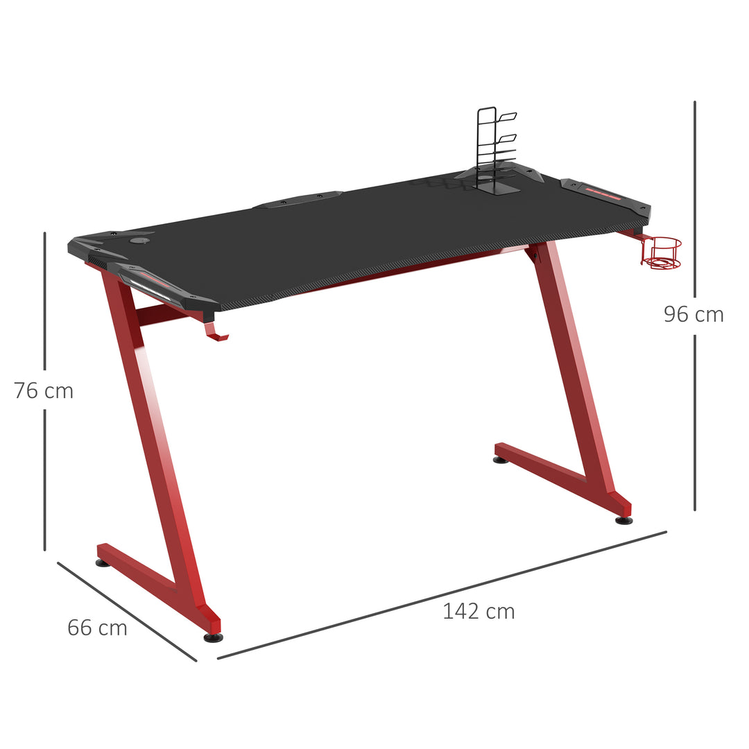 HOMCOM Gaming Desk, Ergonomic Home Office Desk, Gamer Workstation Racing Table, with Headphone Hook and Cup Holder, 142 x 66 x 96cm, Black and Red