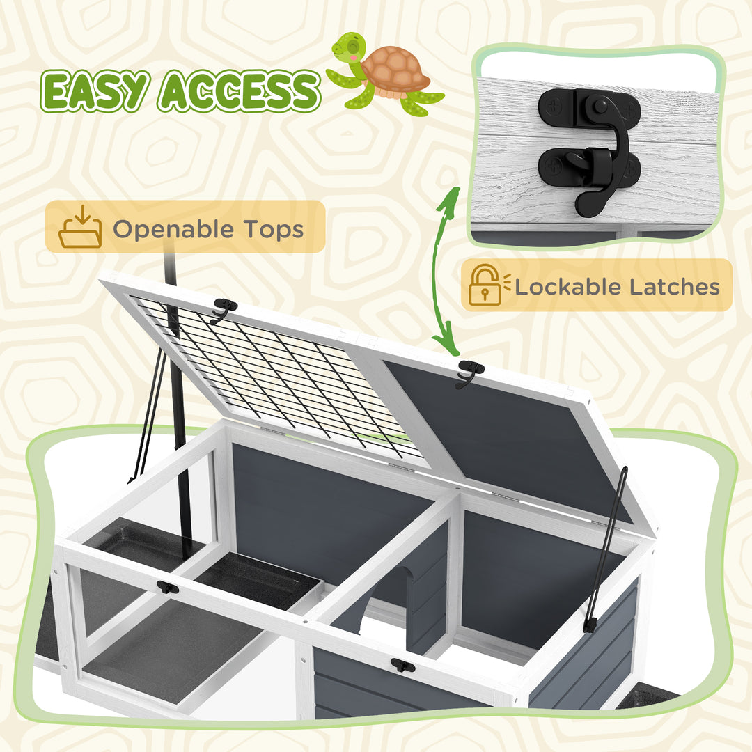 Tortoise Table with Adjustable Lamp Holder, Wooden Tortoise House w/ Openable Lids, Pull-Out Trays - Grey