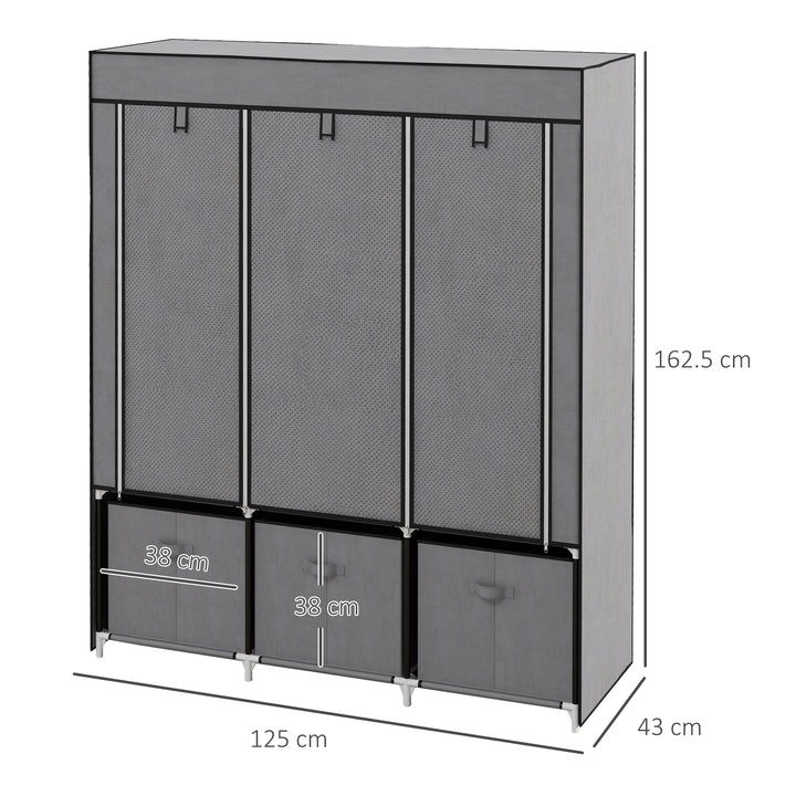 HOMCOM Fabric Wardrobe, Portable Wardrobe with 5 Shelves, 2 Hanging Rails and 3 Fabric Drawers, Foldable Closets, 125 x 43 x 162.5cm, Dark Grey