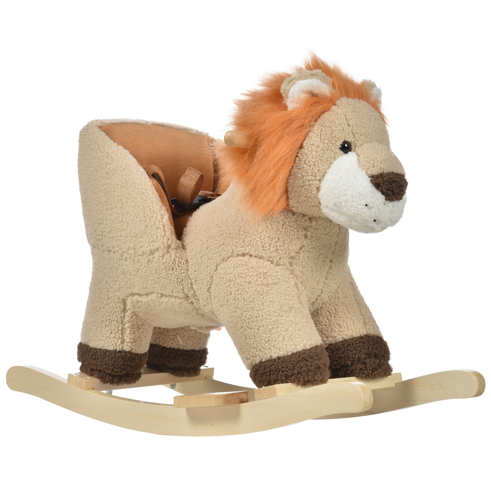 Kids Children Rocking Horse Plush Ride On Lion Seat w/ Sound Wood Base Seat Safety Belt Toddler Baby Toy for 18-36 Months Brown
