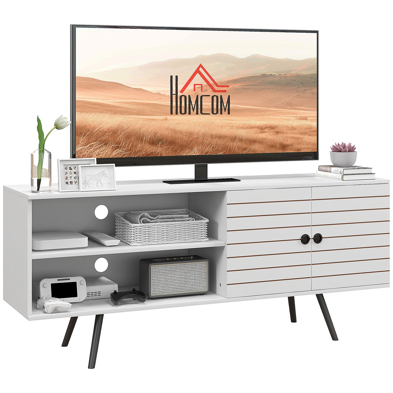 TV Stand with Cupboard, Open Shelves, Striped Doors, Wooden legs, White