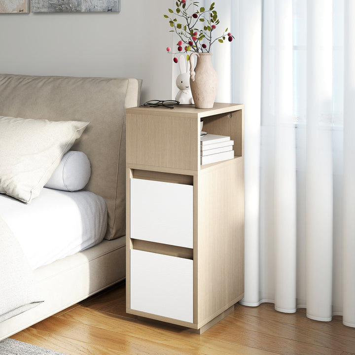Slim Bedside Table, Narrow Bedside Cabinet with Open Shelf and 2 Drawers for Bedroom, Living Room
