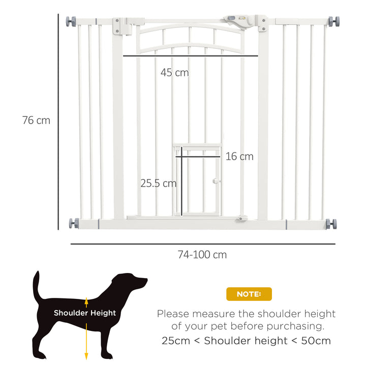 PawHut Stair Dog Gate with Cat Door, Pressure Fit, Auto Close, Double Lock, 74-100cm Openings, White | Aosom UK