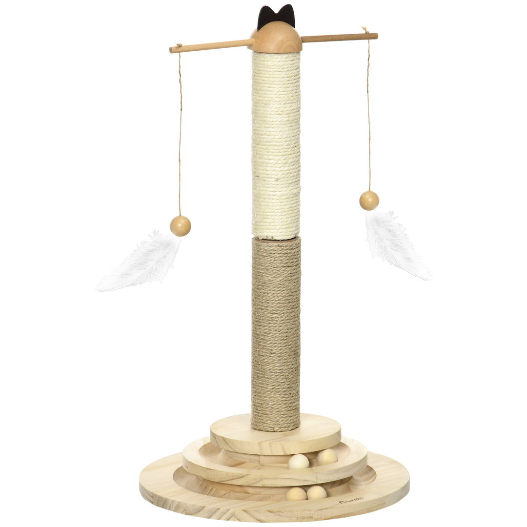 Cat Tree, with Scratching Post, Turntable Toy Ball - Natural Finish