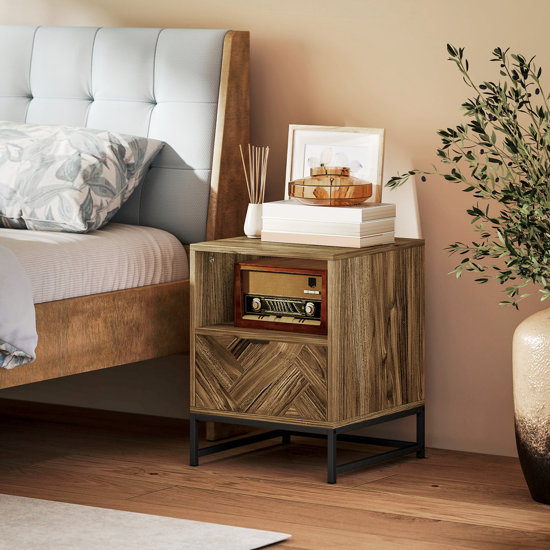 Bedside Table with Drawer and Shelf, Side End Table with Steel Legs for Living Room, Bedroom, Brown Wood Effect