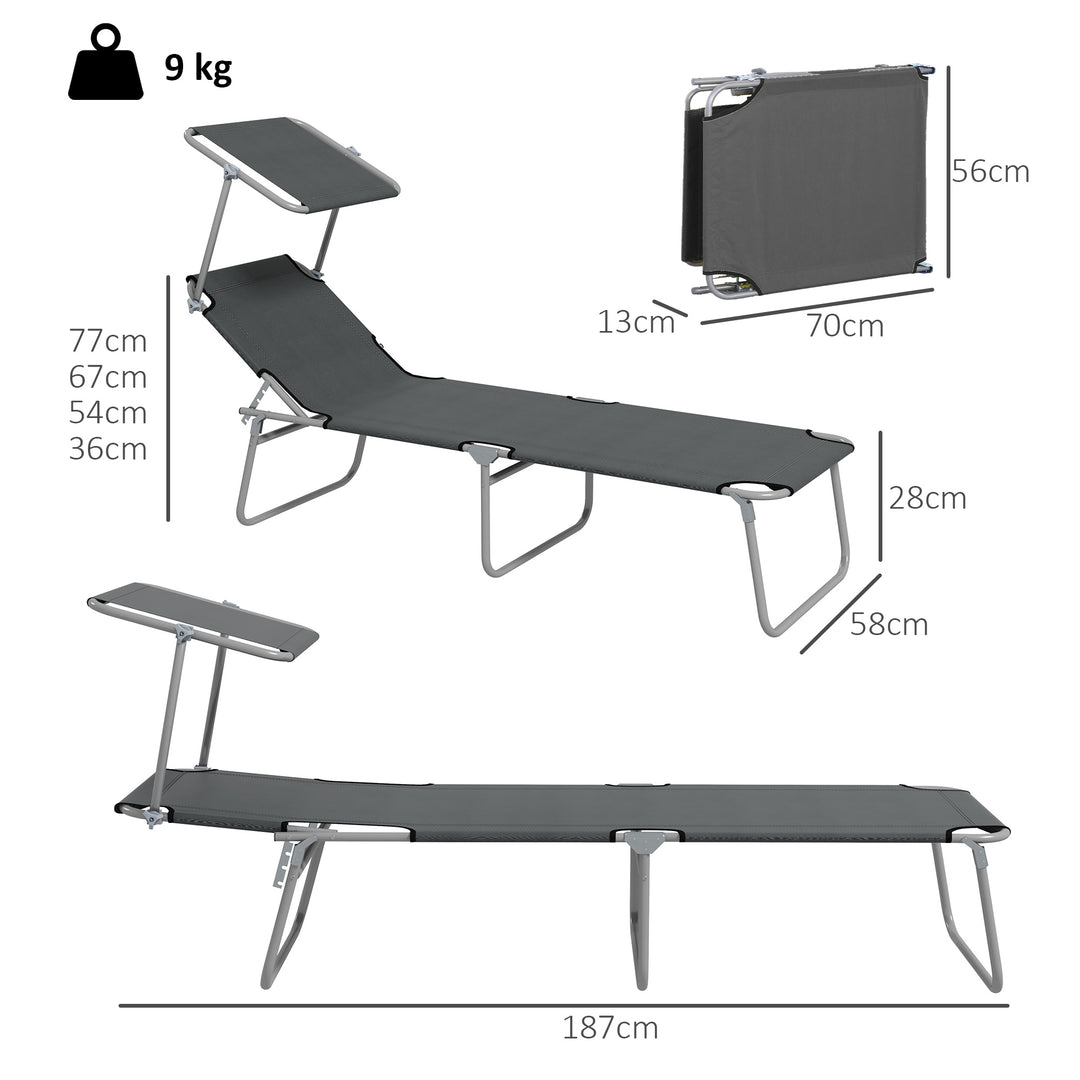 Outdoor Foldable Sun Lounger Set of 2, 4 Level Adjustable Backrest Reclining Sun Lounger Chair with Angle Adjust Sun Shade Awning for Beach, Garden, Patio, Grey