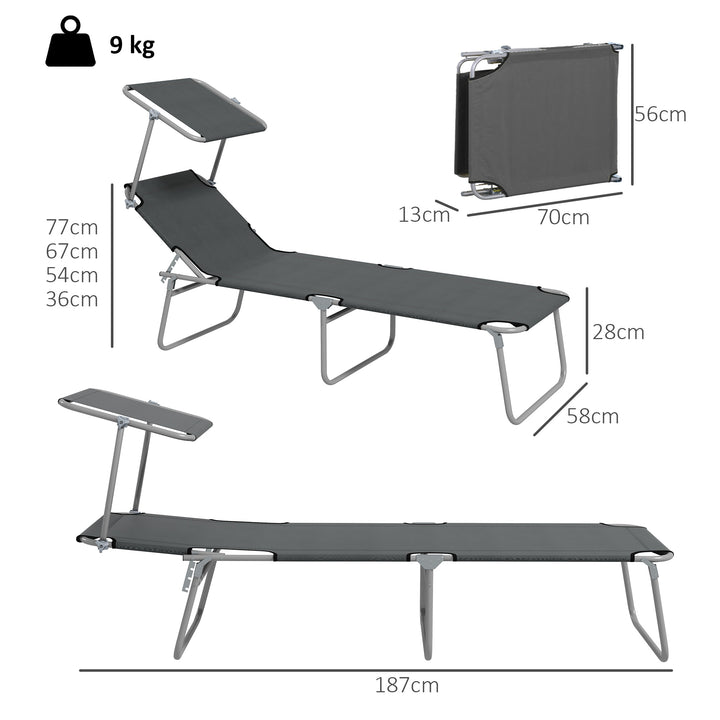 Outdoor Foldable Sun Lounger Set of 2, 4 Level Adjustable Backrest Reclining Sun Lounger Chair with Angle Adjust Sun Shade Awning for Beach, Garden, Patio, Grey